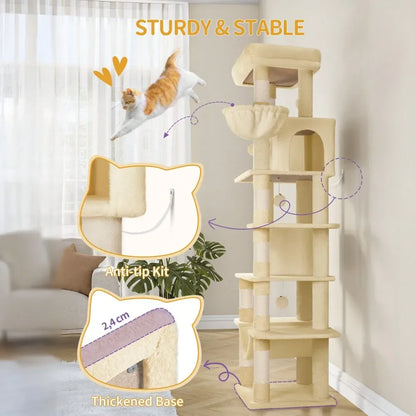 Cat Tree, 67 Large Tall Cat Tower For Indoor Cats, MultiLevel Cats House With Condo, 8 ching Posts, Hammock, 4 Pom Poms, B