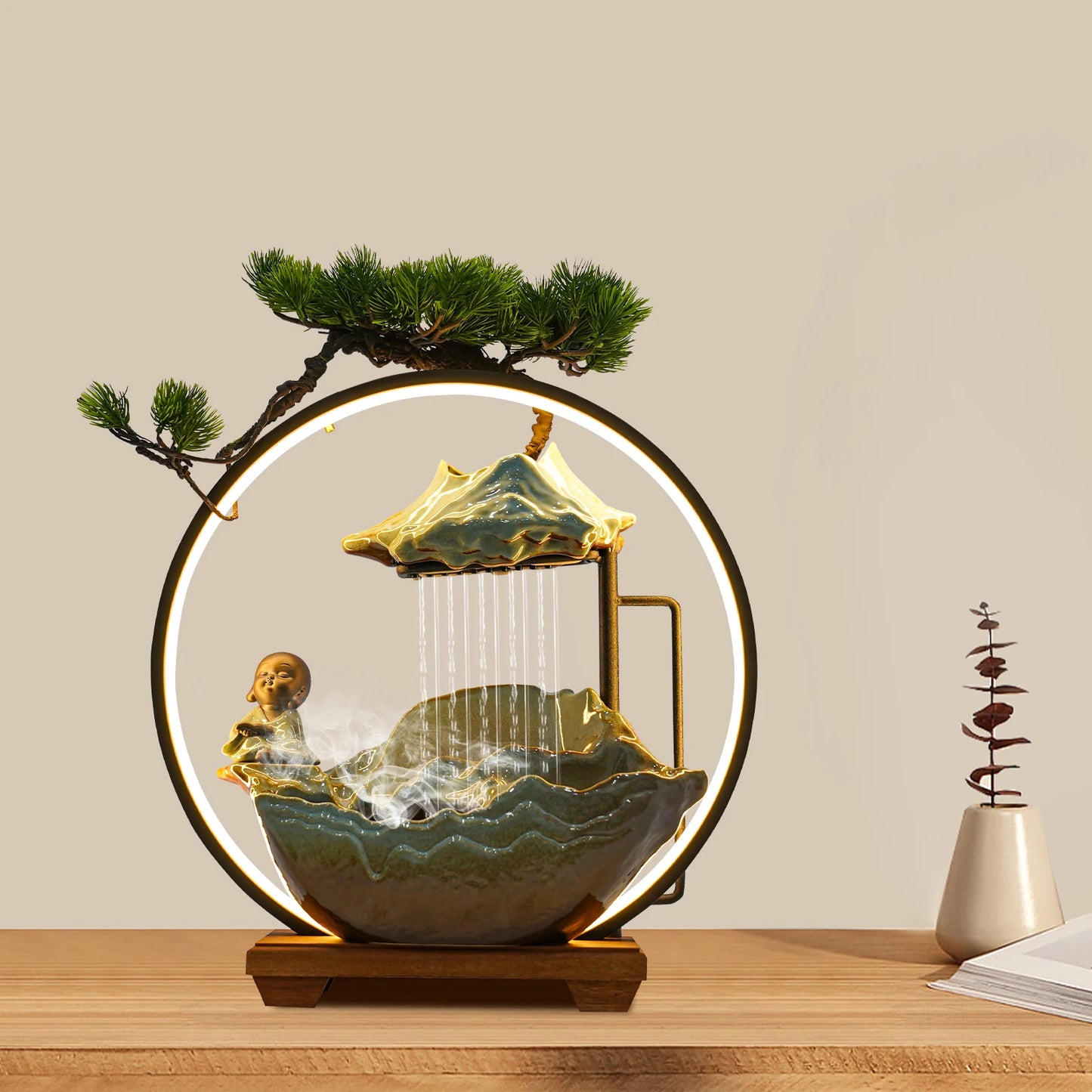 Desktop Water Fountain Decoration Chinese ancient style small flowing ornaments Poetry and Book Monk Ceramic decoration Indoor