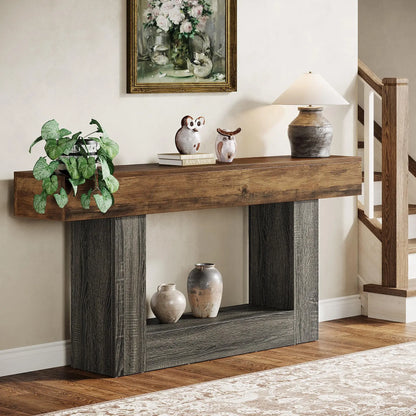 63" Console Table, Farmhouse 2-Tier Entryway Table with U-Shaped Base, Narrow Long Wood Sofa Table Behind Couch Table