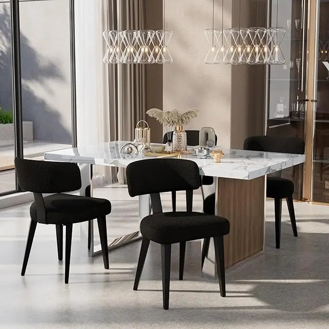 Dining Chairs Set of 4, Black Modern Upholstered Kitchen Dining Room Chairs, Boucle Dining Chairs Curved Backrest, Mid Century K