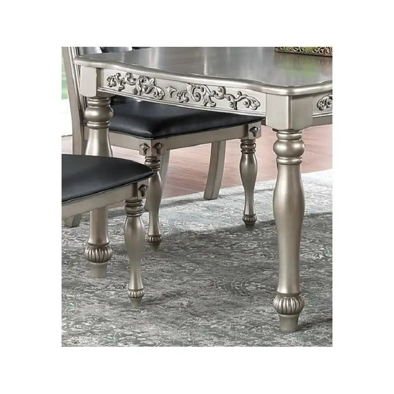 Formal 1pc Dining Table with 2 Leaves, Silver Grey Finish, Antique Design, Rubberwood, Large Family Dining Room Furniture