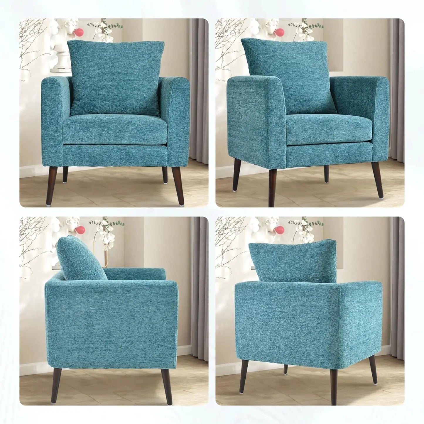 Accent Chair Set of 2 for Living Room, Modern Upholstered Chenille Barrel Arm Chair, Large Pillow, Solid Wood Legs