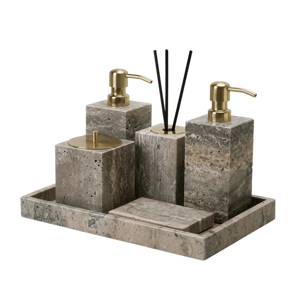 Grigio Travertino Bathroom Accessories Sets Vintage Marble Soap Holder Soap Dispenser Vanity Tray Bathroom Set