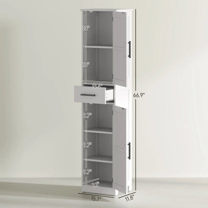 67" Tall Bathroom Storage Cabinet with Drawer, Farmhouse Narrow Bathroom Cabinet with Barn Doors, White