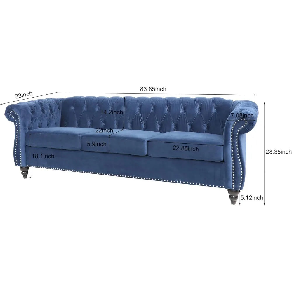 Modern 84 Velvet Chesterfield Sofa with Tufted Design, Scroll Arms, and Wooden Legs for Living Spaces (Blue)