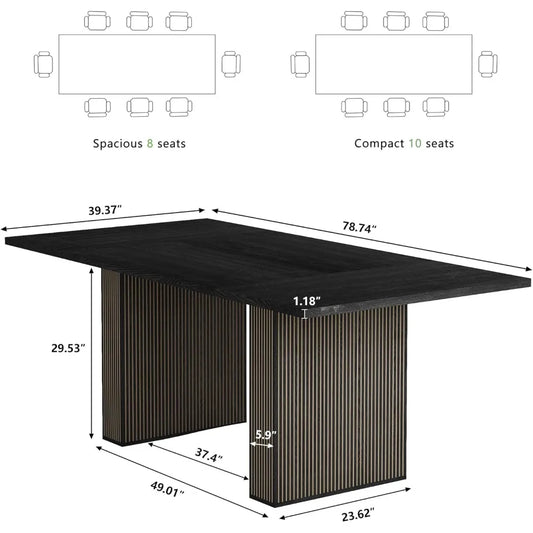 78 Inch Rectangular Dining Table for 6 to 10, Farmhouse Fluted Dining Kitchen Table, Modern Wood Long Dining Table