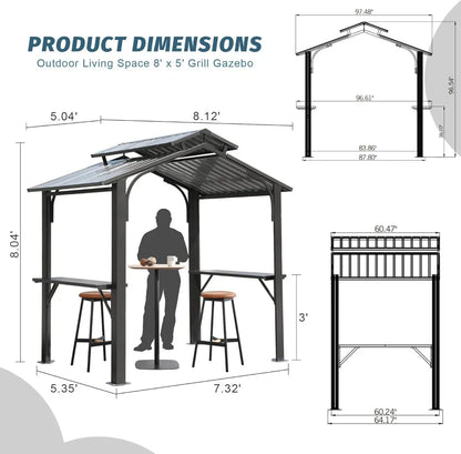8x5FT Hardtop Grill Gazebo with Double Steel Roof, Side Shelves & Ceiling Hooks for Outdoor BBQ Patio Garden Backyard