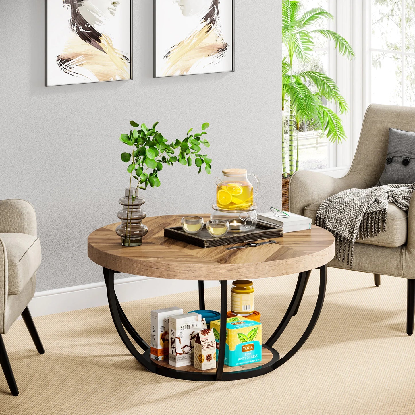 Tribesigns 31.7" Round Coffee Table, Industrial 2-Tier Circle Coffee Table with Storage Shelves, Modern