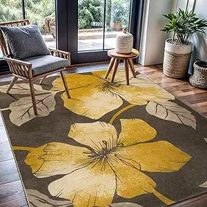 Solana Modern Floral 6'7" x 9'0" Area Rugs Non-Skid (Non-Slip) Rubber Backing Black Gray Flowers Indoor Rug