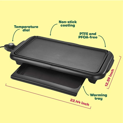 Electric Smokeless Indoor Grill Nonstick Griddle with Warming Tray Adjustable Temperature Cool Touch Handles PFOA PTFE
