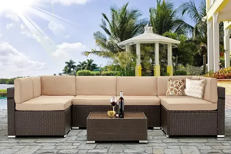 7 Piece Patio .PE Rattan Gray WickerOutdoor Sectional Furniture Chair Set