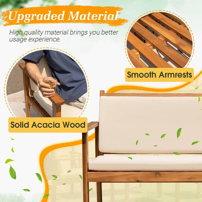 Outdoor Patio Furniture, 4 Piece Bistro Sofa Set with Coffee Table and Loveseat, Acacia Wood Conversation Sets with Cushions