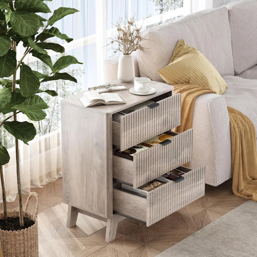 Night Stand Set 2,Mid Century Modern Fluted Wood Nightstand with Drawers & Metal Handles, Farmhouse Nightstand for Bedroom