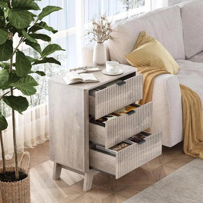 Night Stand Set 2,Mid Century Modern Fluted Wood Nightstand with Drawers & Metal Handles, Farmhouse Nightstand for Bedroom