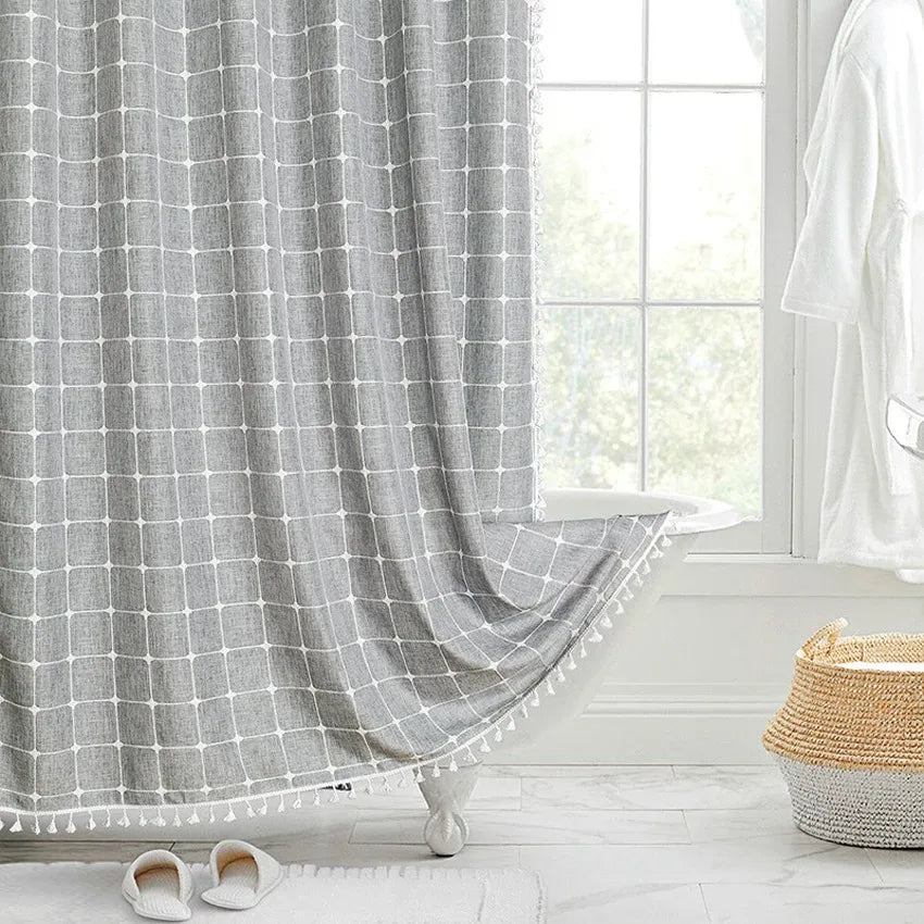 Nordic Jacquard Linen Shower Curtain with Tassels Waterproof Bath Curtains with Hooks for Bathroom Bathtub Bathing Cover