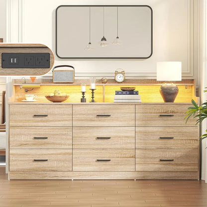 9 Drawer Dresser with Built-in Power Outlet, Mid Century Modern ,63'' Triple Wide