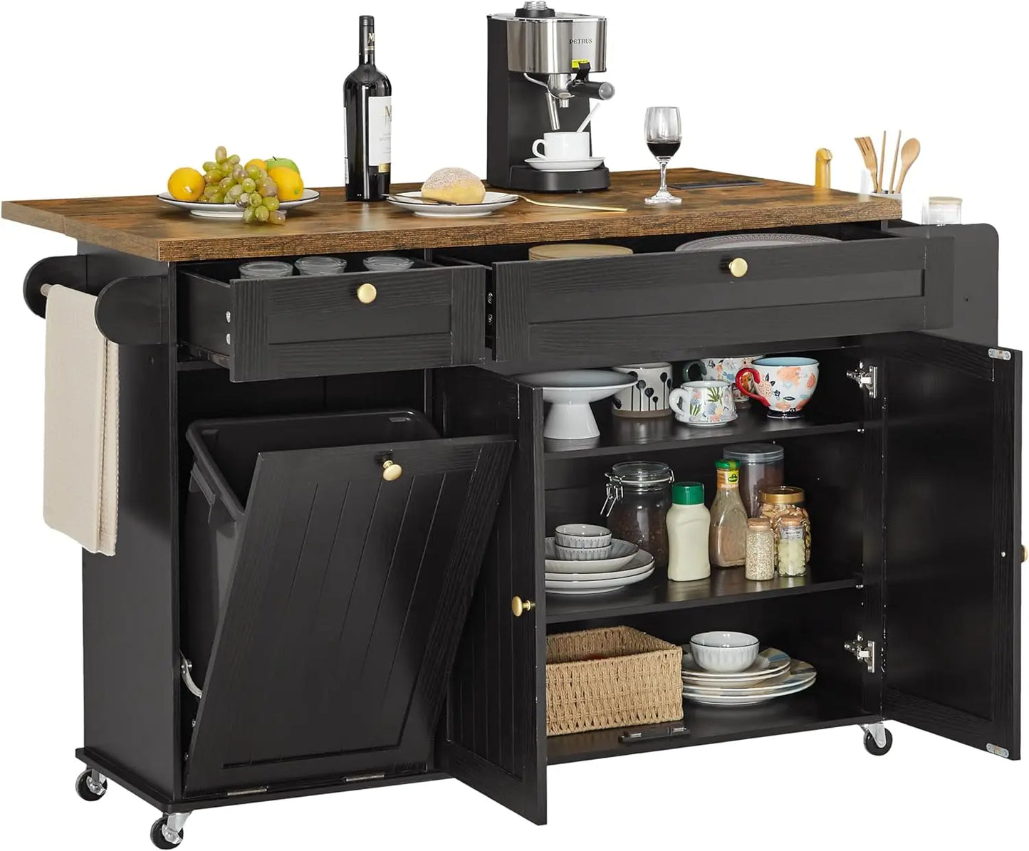 60" Mobile Kitchen Islands Rolling Trolleys Kitchen Island Table Drop Leaf Home Carts with Power Outlet Spice Towel Rack