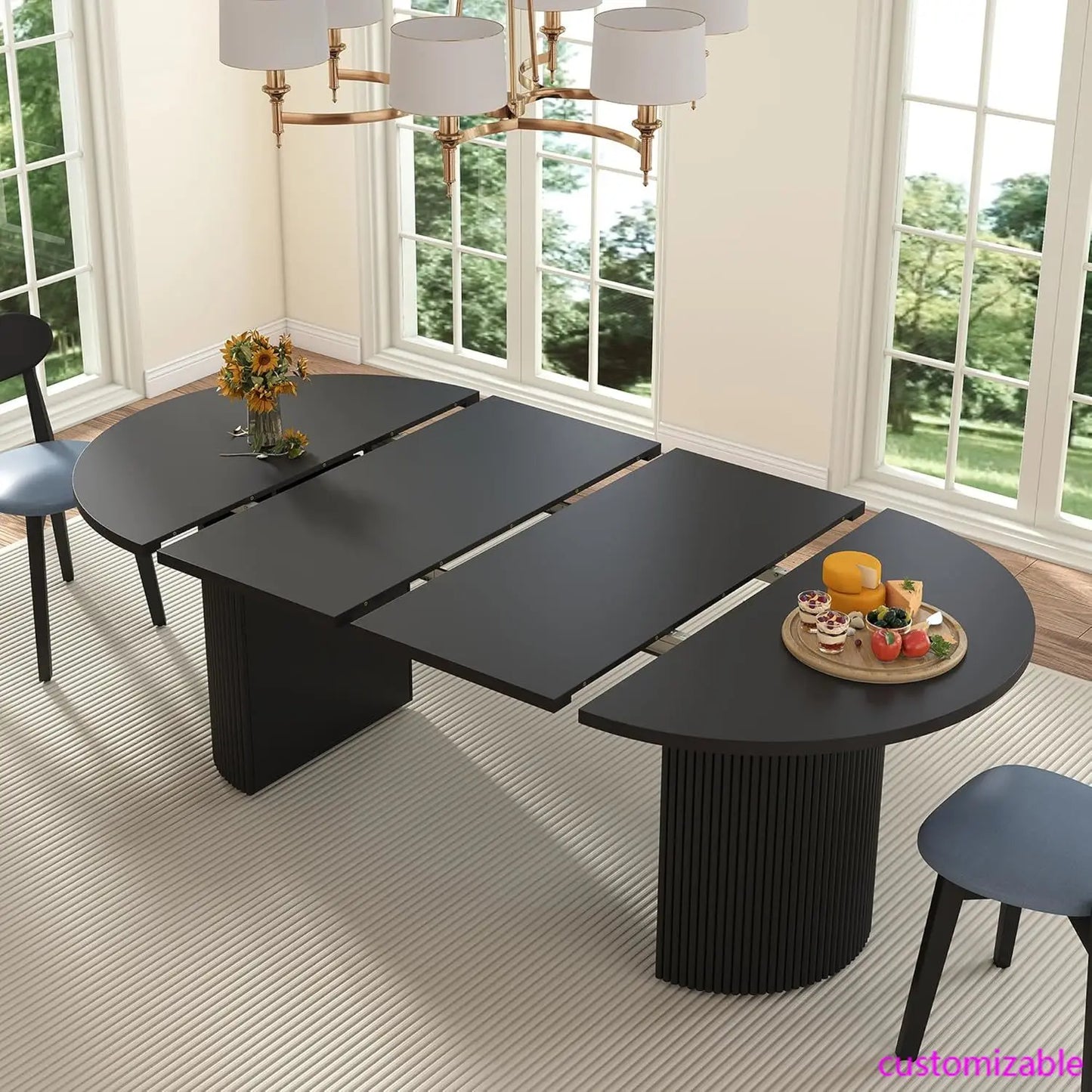 41 in-78 in Extendable Dining Room Table for 4-8,Round Expandable  Table with Fluted Base, Modern Oval Dinner (Black)