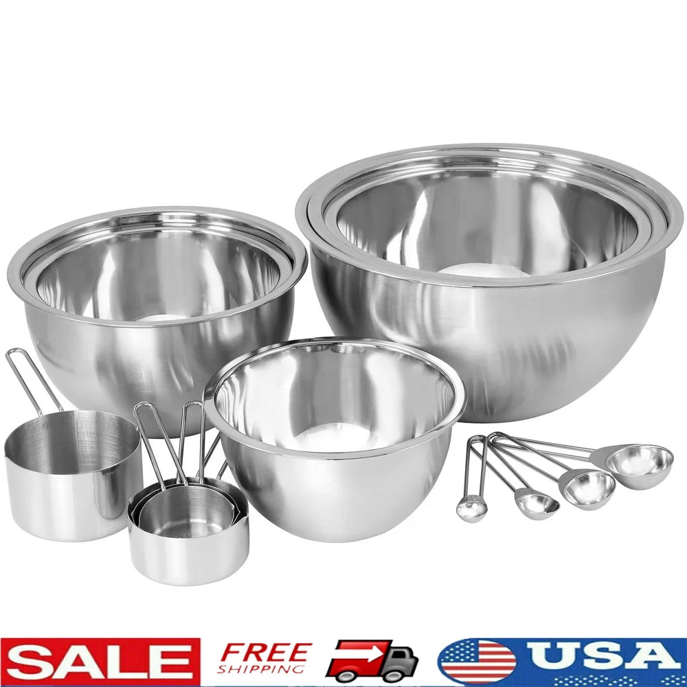 14 Piece Stainless Steel Measuring Cups Spoons Set with Mixing Bowls