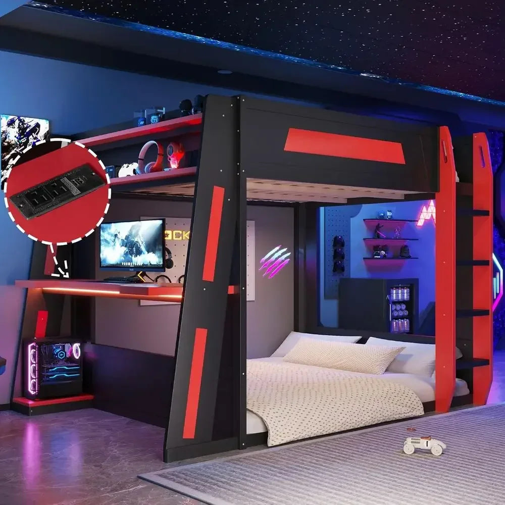 Sturdy Queen Wooden Bunk Bed with Desk, Storage, USB & LED Lights for Gamers and Compact Spaces (Black+Red)