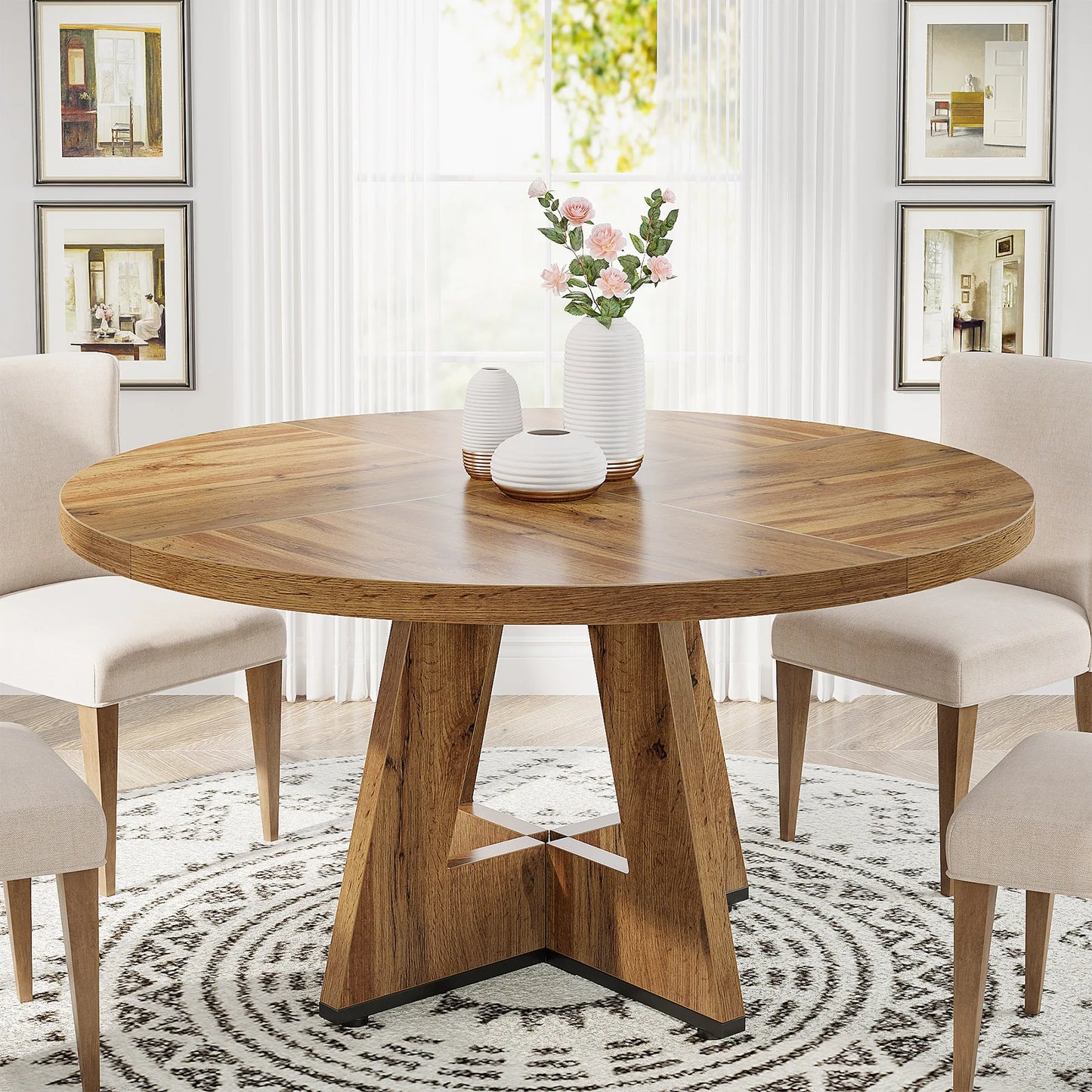 Round Dining Table for 4, 47 Inch Farmhouse Kitchen Table Small Dinner Table Kitchen Dinning Table for Dining Room