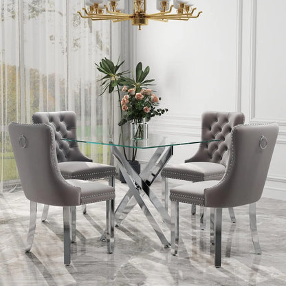 5 Piece Silver Luxury Glass Dining Set, Modern Minimalist  Table Set for 4, 36'' Clear Square Glass Top Dining Room Set