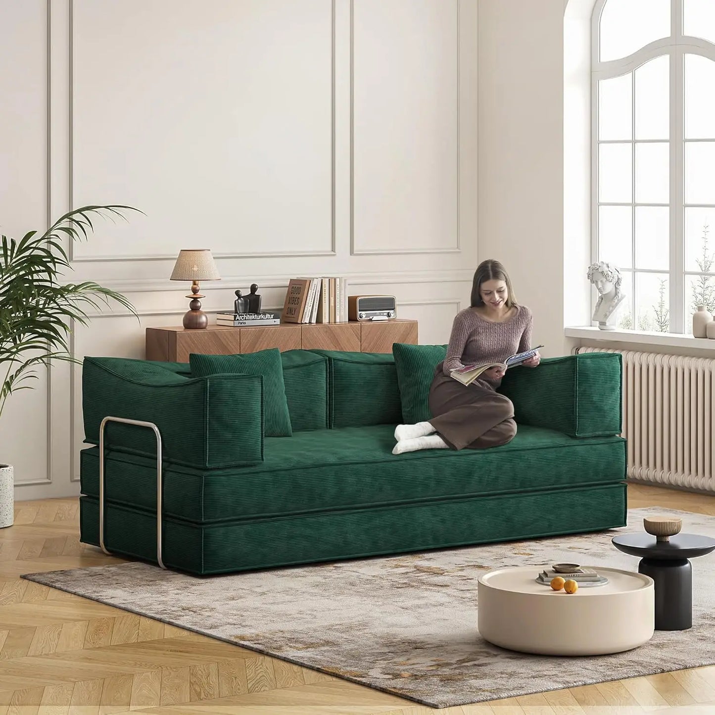 79" Convertible Sofa Bed with Pillows, Corduroy Folding Sleeper Sofa with Fixed-Shape Frame, Boneless Couch for Living Room