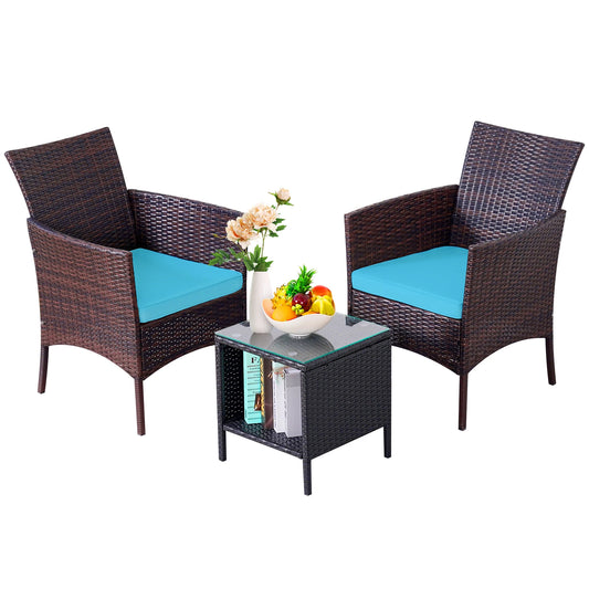 3-Piece Bistro Set Outdoor Patio Furniture Rattan Chairs Table Soft Cmats Tempered Glass Durable Comfortable Garden