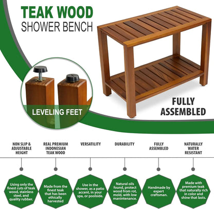 Teak Shower Bench 24 Inch For Bathroom, Spa - Fully Assembled, The Eske