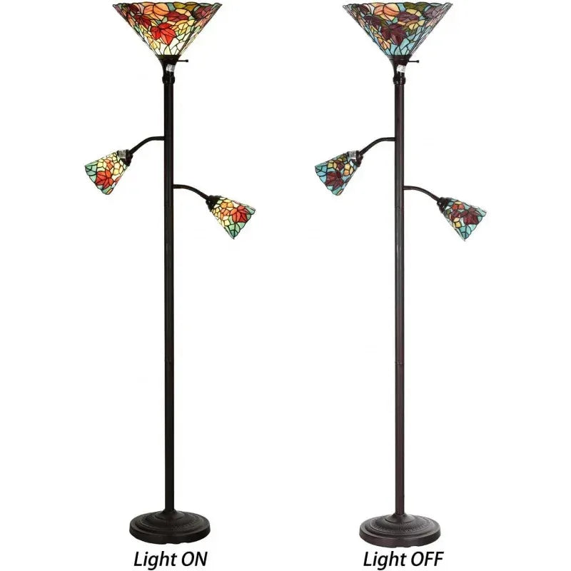 QWMaple Tree Leaves Tiffany Style Stained Glass Torchiere Floor Lamp with Sidelights 70-inches Tall