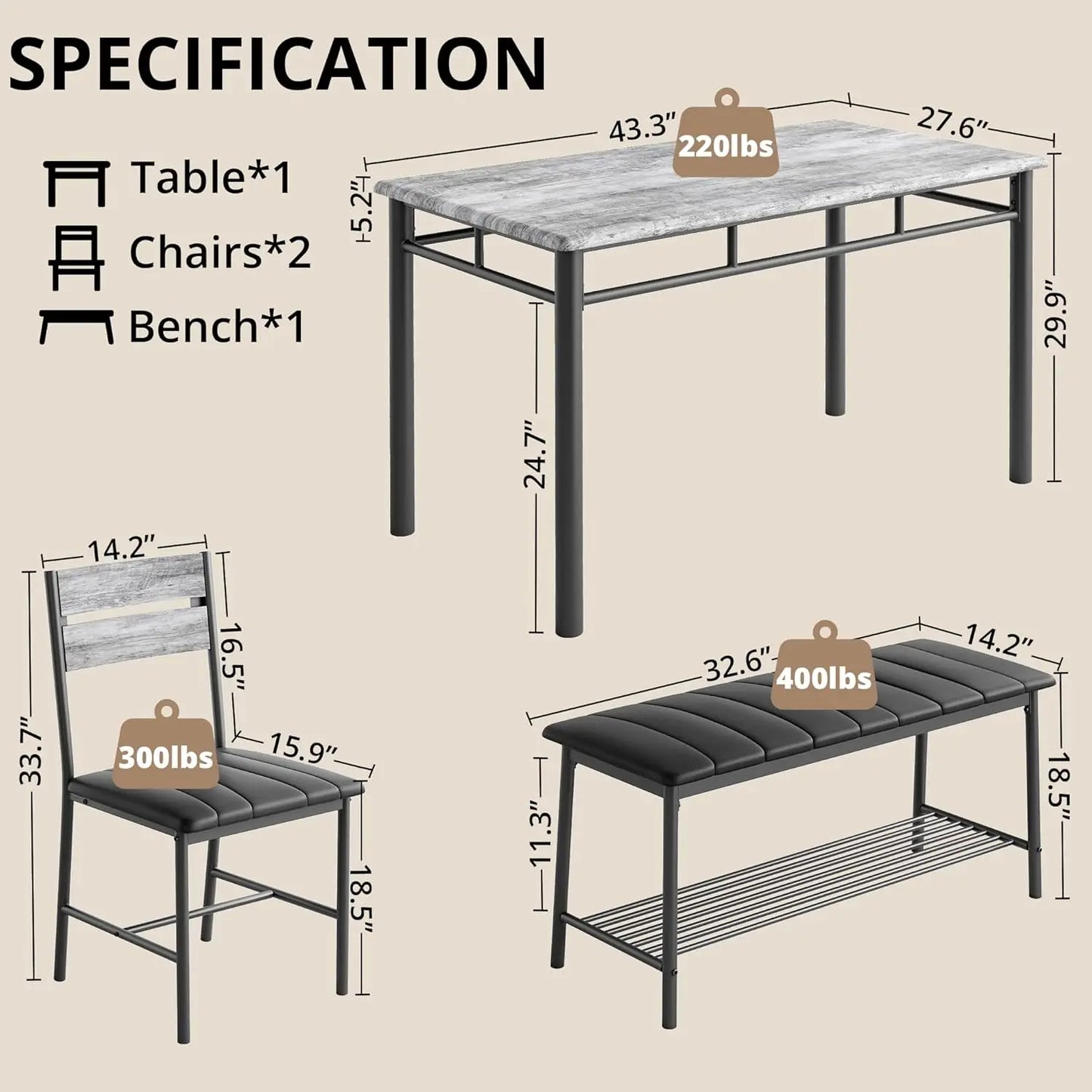 IRONCK Dining Table Set for 4, Kitchen Table and Chairs Set for Small Space, Kitchen Table with Upholstered Bench and 2 Chairs