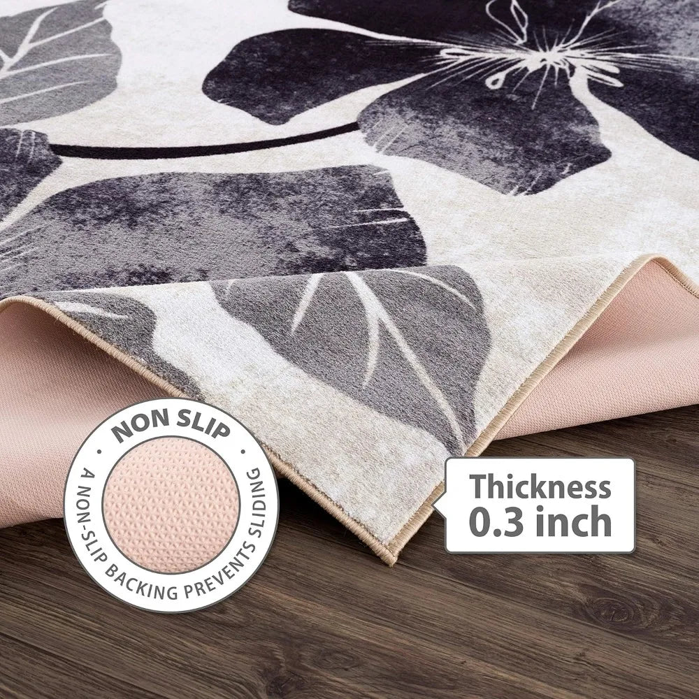 Solana Modern Floral 6'7" x 9'0" Area Rugs Non-Skid (Non-Slip) Rubber Backing Black Gray Flowers Indoor Rug