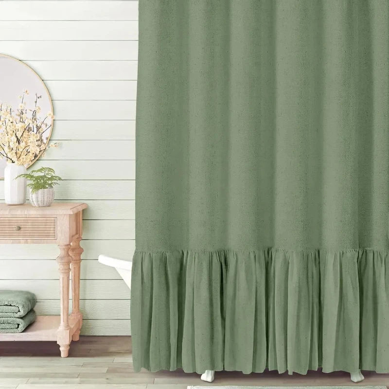 Cotton Linen Plain Shower Curtain with 12 Hooks Waterproof Floral Falbala Ruffle Edge Frill Scalloped Hem Decor Bathroom