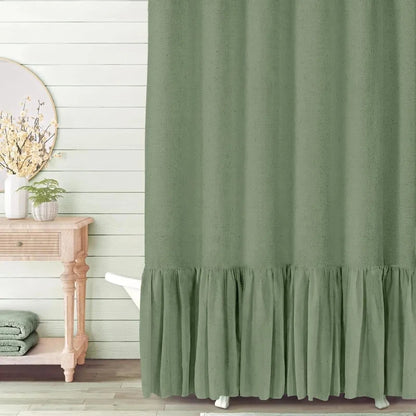Cotton Linen Plain Shower Curtain with 12 Hooks Waterproof Floral Falbala Ruffle Edge Frill Scalloped Hem Decor Bathroom
