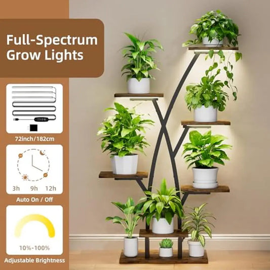 7 Tiered Indoor Plant Stand with Grow Lights Tree-Shaped Plant Shelf Multiple Plants Sturdy Structure Easy Assembly 42" Metal