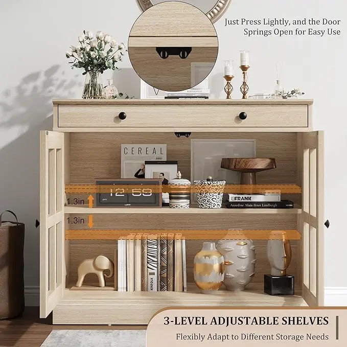 35.4" Oak Sideboard Buffet Cabinet with Glass Door & Drawer & Adjustable Shelf,Modern Storage Buffets & Sideboards for Kitchen