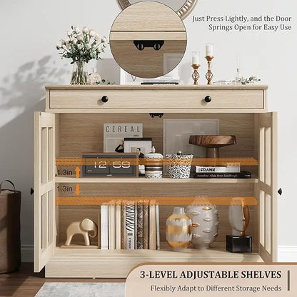 35.4" Oak Sideboard Buffet Cabinet with Glass Door & Drawer & Adjustable Shelf,Modern Storage Buffets & Sideboards for Kitchen