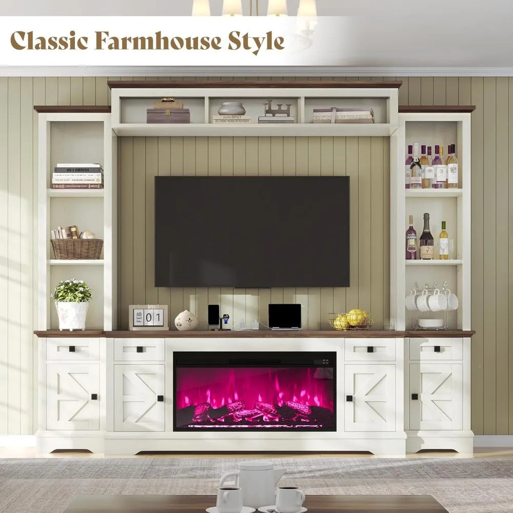 Farmhouse Style 98-inch Entertainment Center with Fireplace, TV Stand, Bookshelf, Wine Cabinet for 75-inch TVs