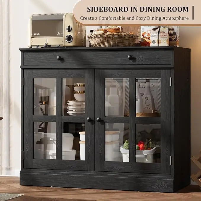 35.4" Oak Sideboard Buffet Cabinet with Glass Door & Drawer & Adjustable Shelf,Modern Storage Buffets & Sideboards for Kitchen