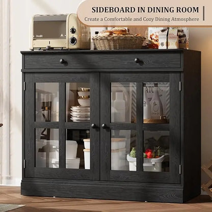 35.4" Oak Sideboard Buffet Cabinet with Glass Door & Drawer & Adjustable Shelf,Modern Storage Buffets & Sideboards for Kitchen