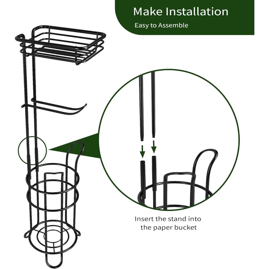 Free standing matte black toilet paper holder with integrated paper roll storage for bathroom organization compact design holds