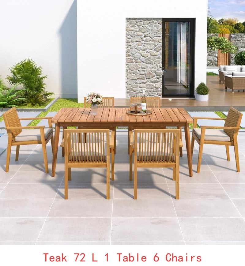 7-Pc Acacia Wood Outdoor Dining Set, 72" Slatted Table & 6 Chairs with Cushions for Patio Garden Dining