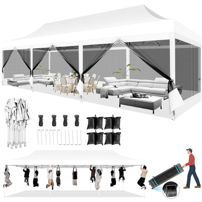 10x30FT Canopy Tent with 8 Sidewalls,Heavy Duty Pop up Canopy Party Tent with Mosquito Netting,Easy up Screen Canopy for Parties