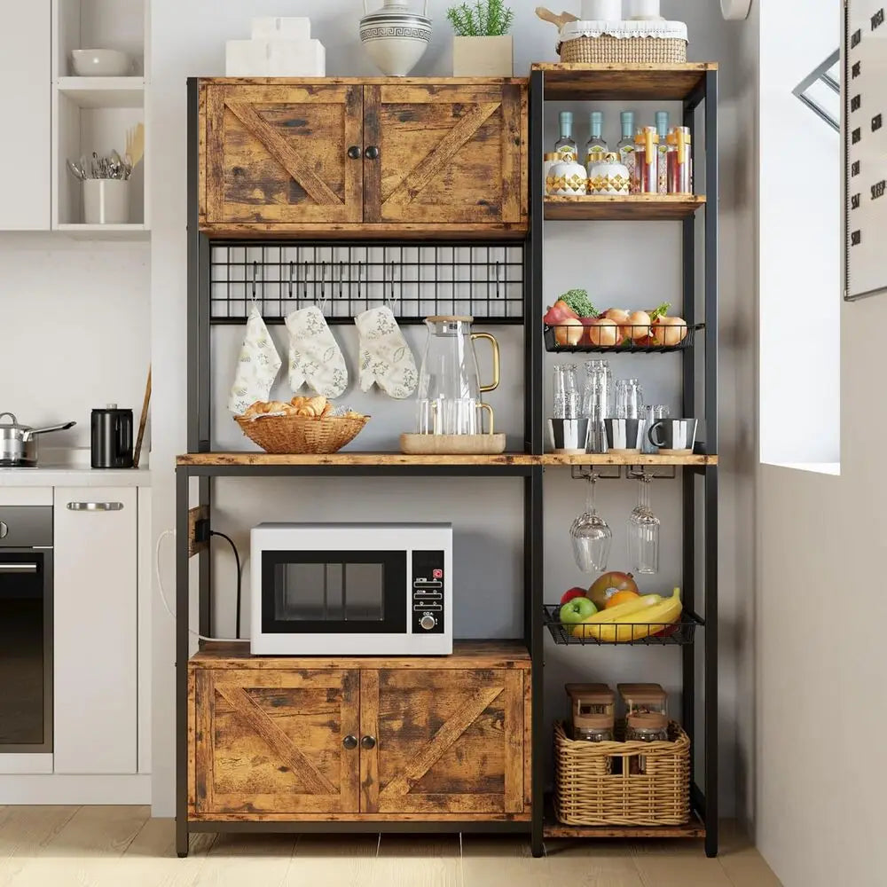 Bakers Rack with 2 Storage Cabinets and Power Outlet, 45.3 Inch Kitchen Microwave Stand with Storage, Coffee Bar Cabinet