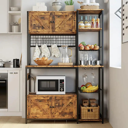 Bakers Rack with 2 Storage Cabinets and Power Outlet, 45.3 Inch Kitchen Microwave Stand with Storage, Coffee Bar Cabinet