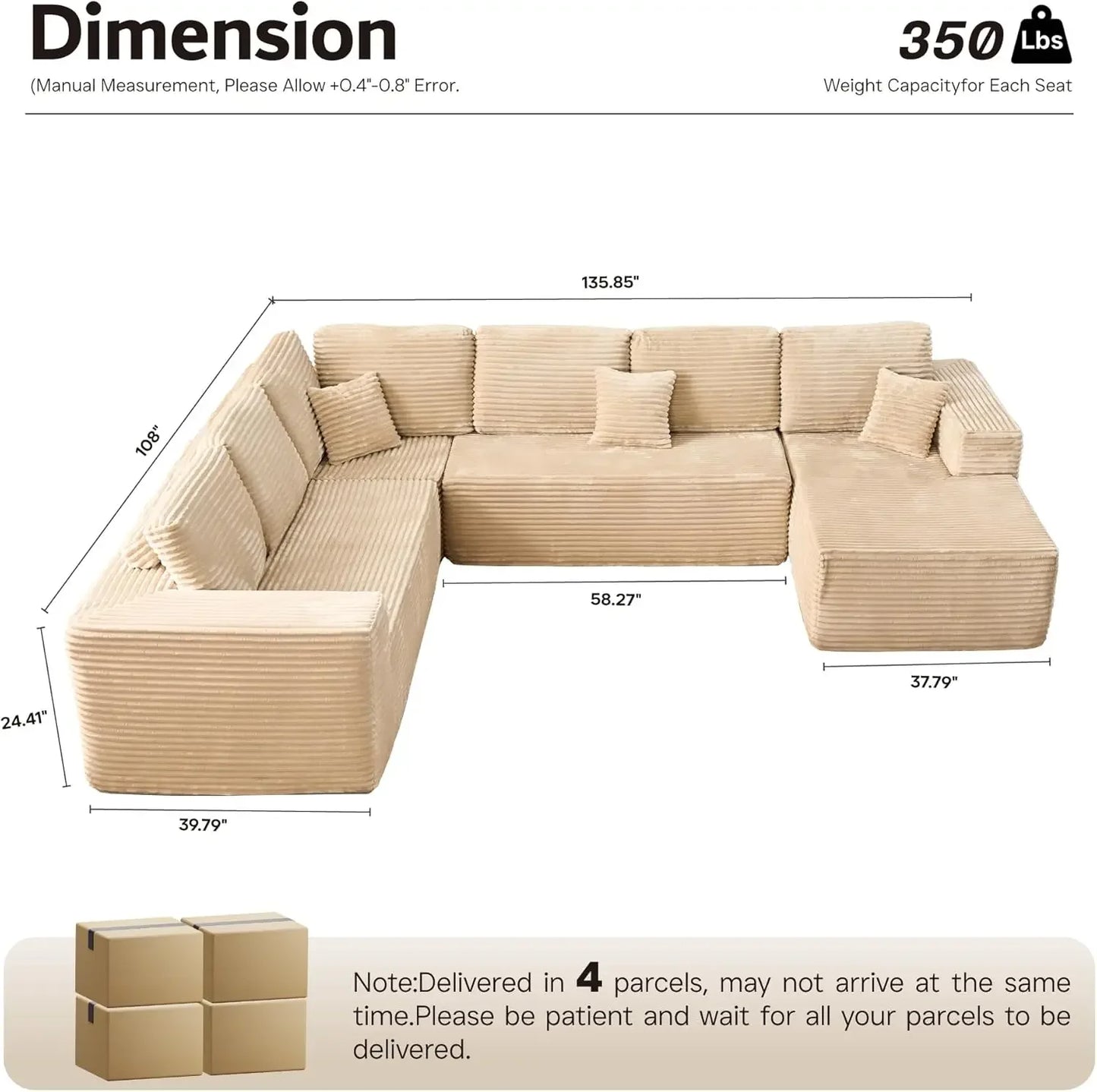 U Shaped Sofa Boneless Couch with Chaise 135" Cloud Modular Sectional Couch for Living Room Big Comfy Couches Set  furniture