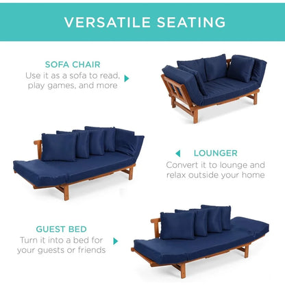 Outdoor Convertible Acacia Wood Futon Sofa Furniture for Patio, Balcony, Poolside, Backyard w/Pullout Tray, Removable Weather-R