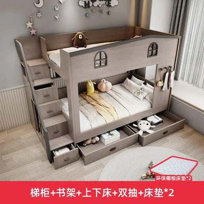 Bunk bed kids with Drawer storage loft double bed Climbing stairs full frames Queen Wooden literas de 2 camas bedroom furniture