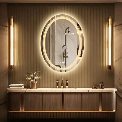 Oval LED Bathroom Mirror Dimmable Light Wall Mounted Makeup Mirror with Demist Illuminated Vanity Mirror
