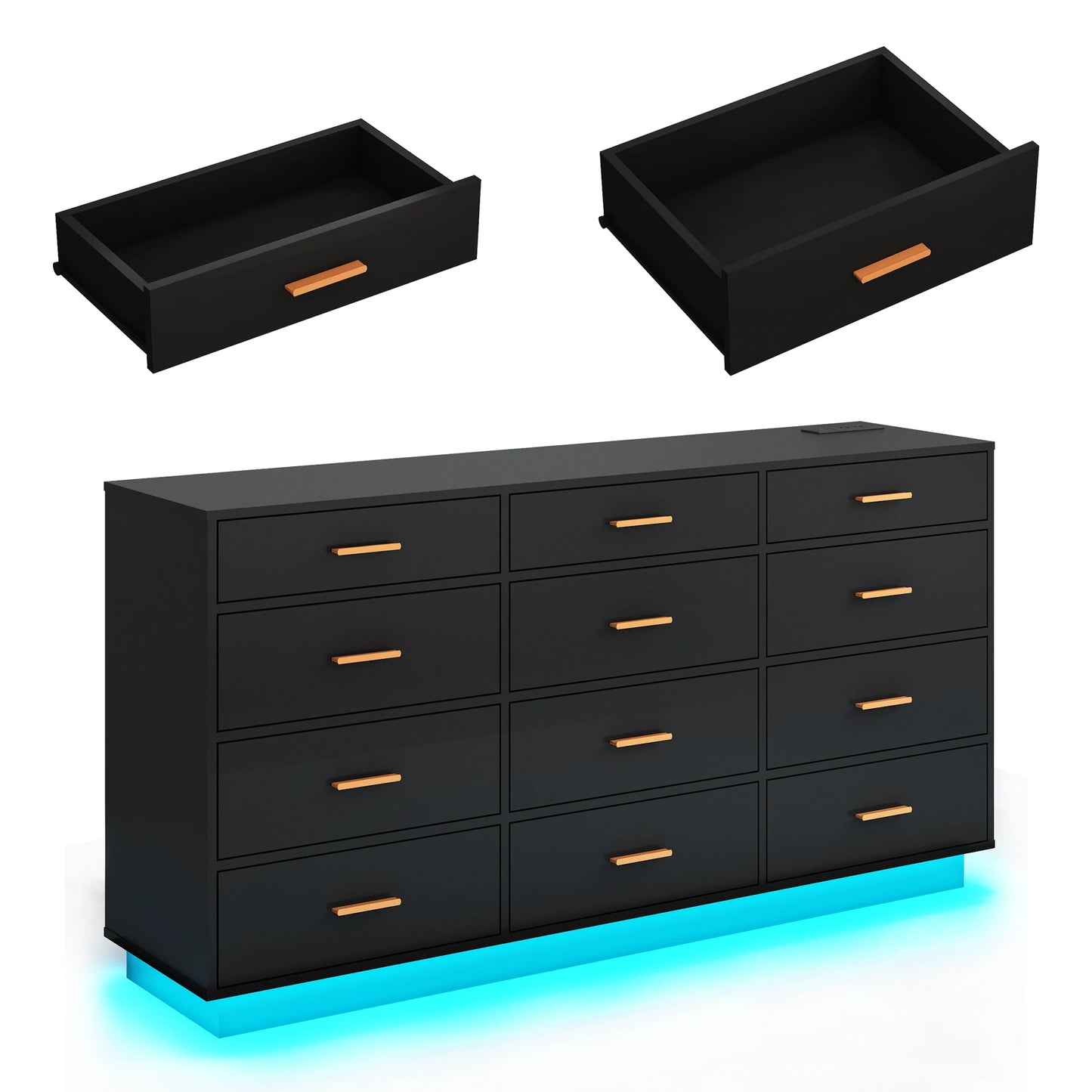 12 Drawer 63" Modern Dresser for Bedroom with Power Outlets & LED Light